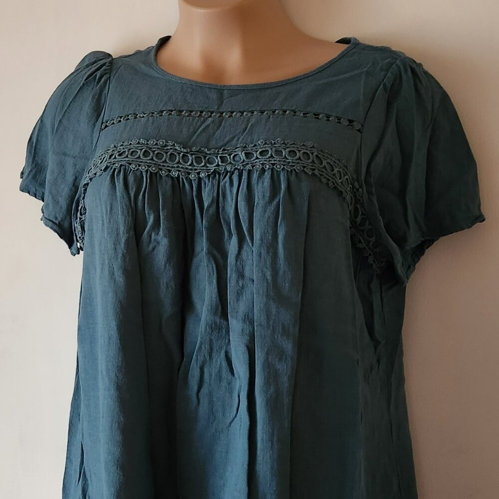 Shein Curve babydoll blouse sz 1X teal blue lace inserts EUC
